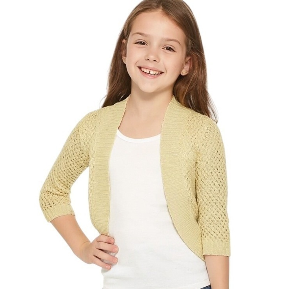 GB Girls Small Cardigan Gold Crochet Open Front Metallic Ribbed Trim Glam Party